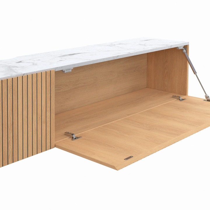 Mueble TV suspendido JULIETTE 180 cm con encimera efecto mármol y lamas de madera color roble