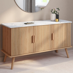 Niedriges Sideboard 110 cm mit Marmorplatte, 3 Türen, Holzleisten, Eiche - JULIETTE | IdMarket