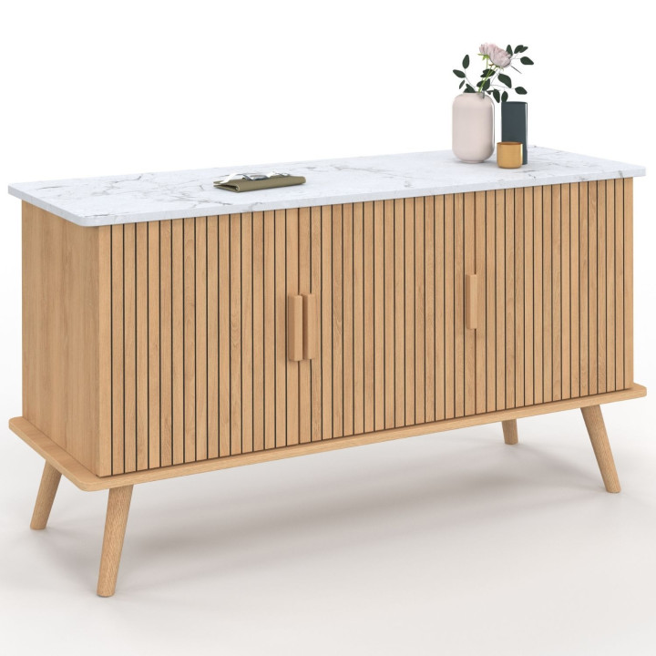 Niedriges Sideboard 110 cm mit Marmorplatte, 3 Türen, Holzleisten, Eiche - JULIETTE | IdMarket