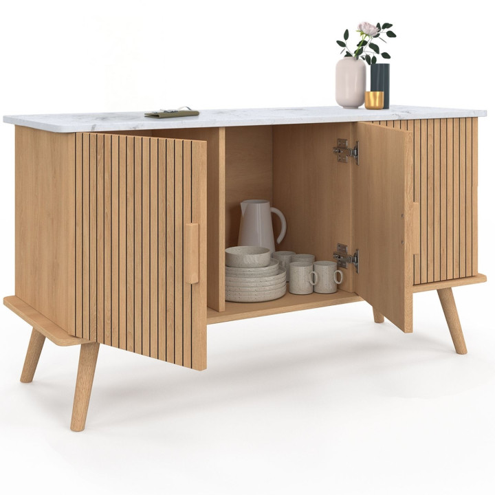 Sideboard 110 cm JULIETTE mit Marmorplatte, 3 Türen, Holzleisten, eichenfarbig
