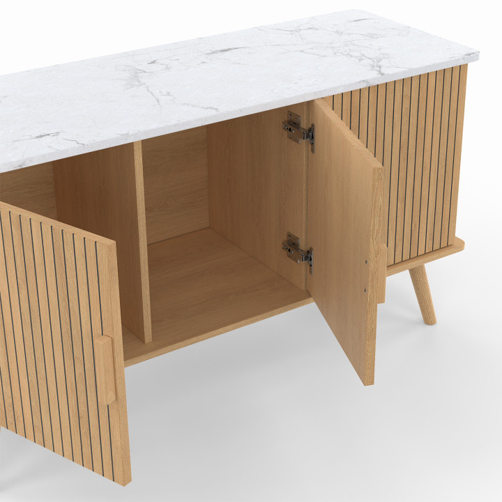 Niedriges Sideboard 110 cm mit Marmorplatte, 3 Türen, Holzleisten, Eiche - JULIETTE | IdMarket