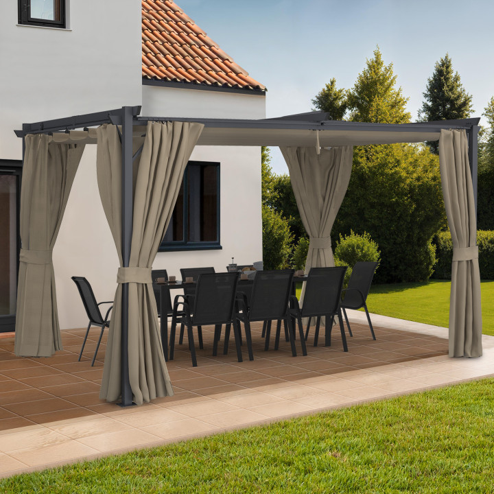 Pergola édition intégrale moustiquaire toit rétractable 3x4 M et 4 rideaux taupe