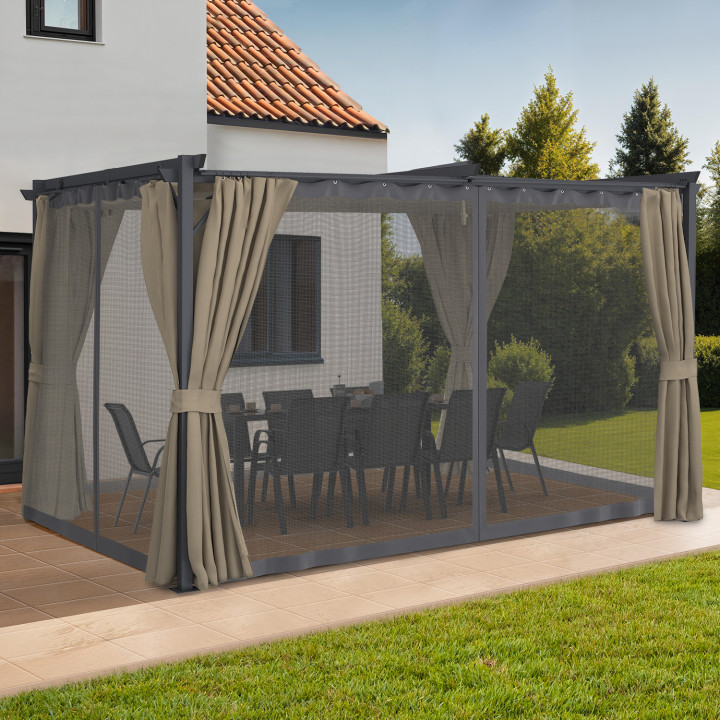 Pérgola edición completa con techo retráctil mosquitera 3x4M y 4 cortinas topo