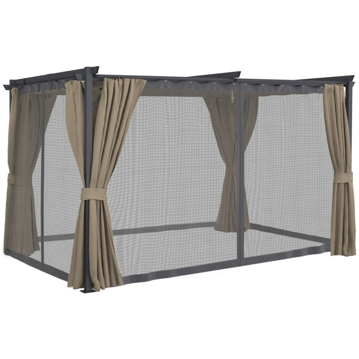 Pérgola edición completa con techo retráctil mosquitera 3x4M y 4 cortinas topo