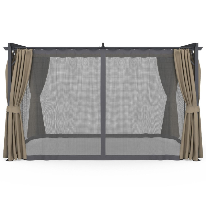 Pergola complete uitvoering met oprolbaar dak muggengaas 3x4M en 4 taupe gordijnen