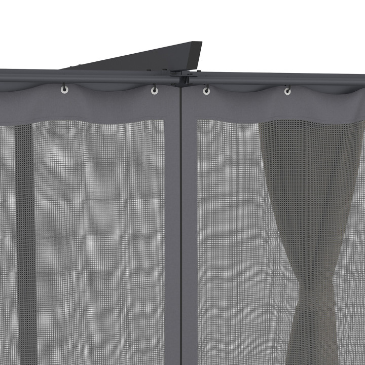 Pergola complete uitvoering met oprolbaar dak muggengaas 3x4M en 4 taupe gordijnen