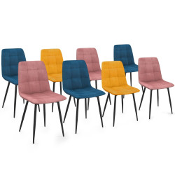 Lot de 8 chaises MILA en velours mix color bleu x3, rose x3, jaune ocre x2