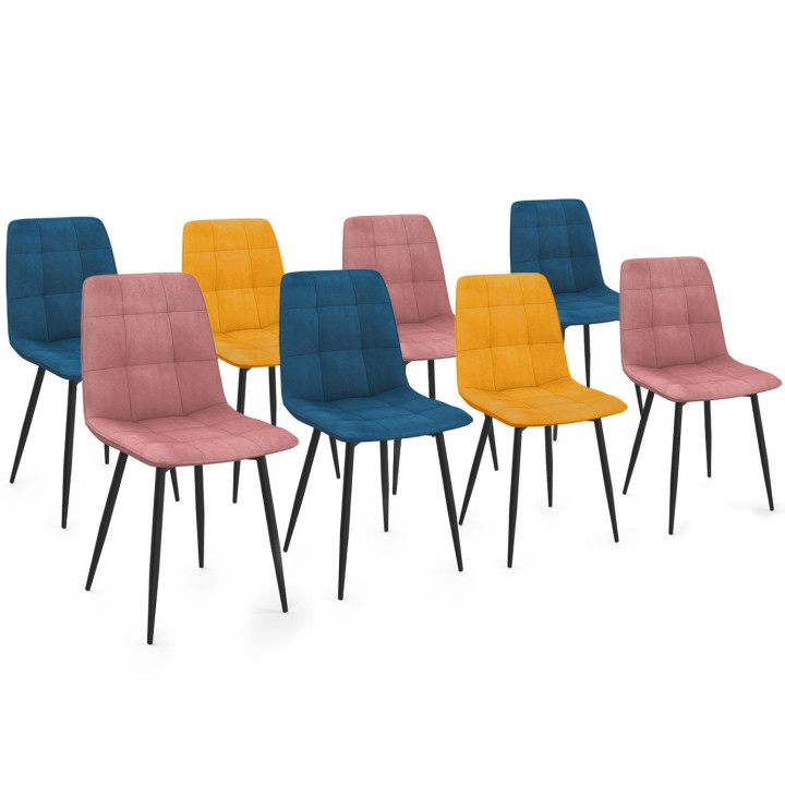 Set van 8 MILA stoelen in fluweelmix kleur blauw x3, roze x3, okergeel x2