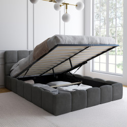 Lit coffre double NUAGE avec tête de lit matelassée et sommier 140 x 190 cm velours gris
