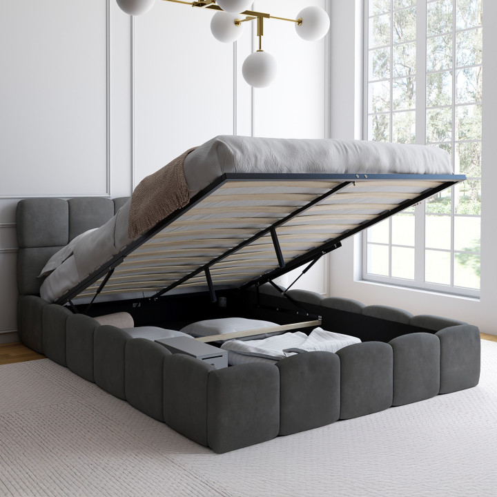 Letto matrimoniale a cassettone NUAGE con testata trapuntata e base in velluto grigio 140 x 190 cm