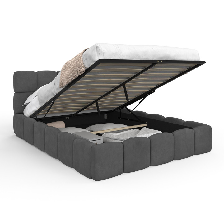 Lit coffre double NUAGE avec tête de lit matelassée et sommier 140 x 190 cm velours gris