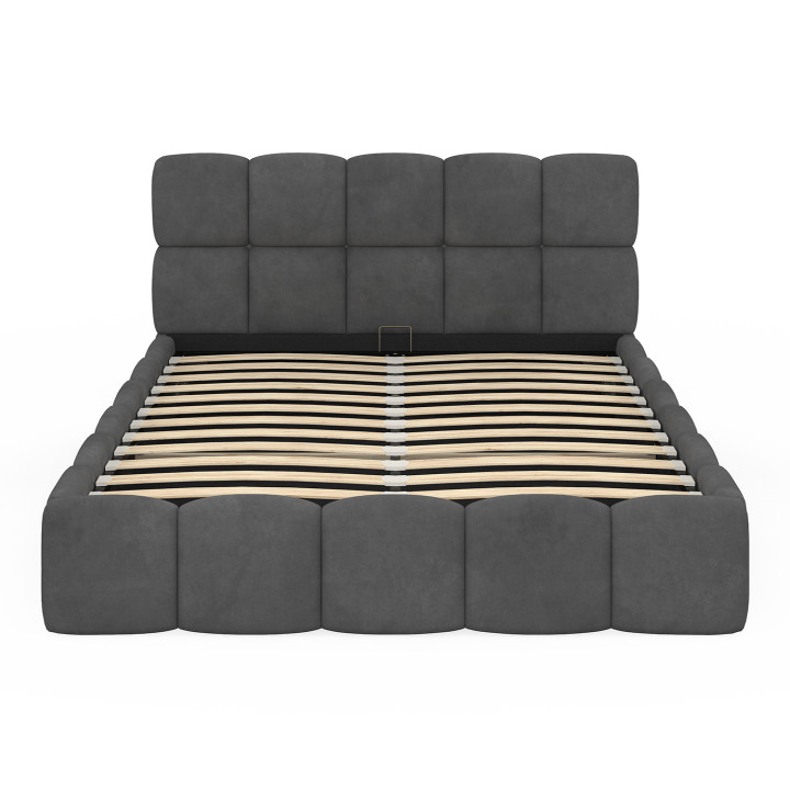 Letto matrimoniale a cassettone NUAGE con testata trapuntata e base in velluto grigio 140 x 190 cm