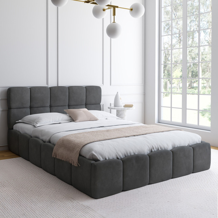 Letto matrimoniale a cassettone NUAGE con testata trapuntata e base in velluto grigio 140 x 190 cm