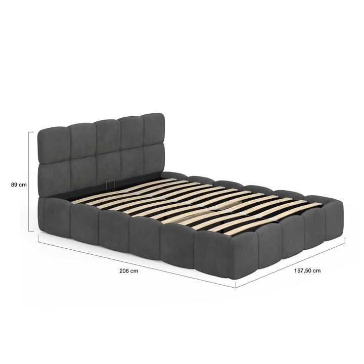 Letto matrimoniale a cassettone NUAGE con testata trapuntata e base in velluto grigio 140 x 190 cm
