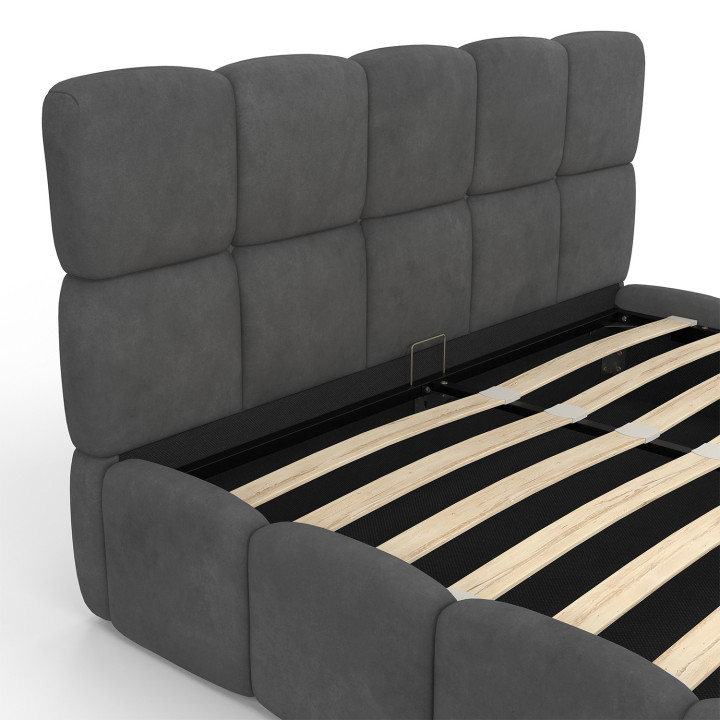 Cama de matrimonio NUAGE con cabecero acolchado y somier de terciopelo gris de 140 x 190 cm