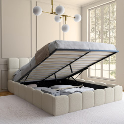 Tweepersoons kistbed NUAGE met doorgestikt hoofdbord en lattenbodem 160 x 200 cm in witte bouclette stof