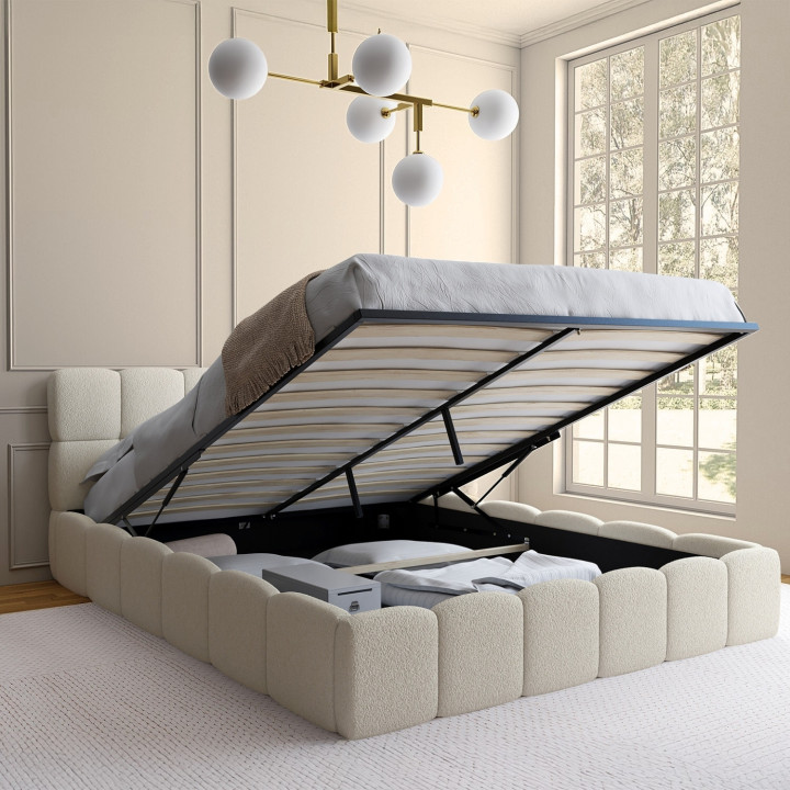 Letto matrimoniale NUAGE con testata trapuntata e rete a doghe da 160 x 200 cm in tessuto bouclette bianco