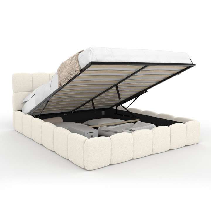 Cama doble NUAGE con cabecero acolchado y somier de 160 x 200 cm en tejido bouclette blanco