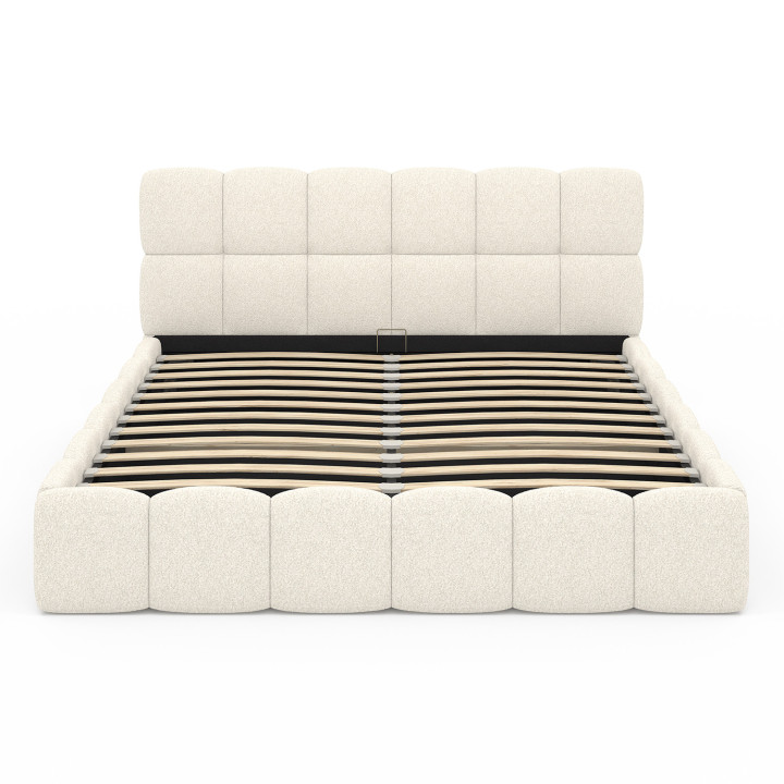 Cama doble NUAGE con cabecero acolchado y somier de 160 x 200 cm en tejido bouclette blanco
