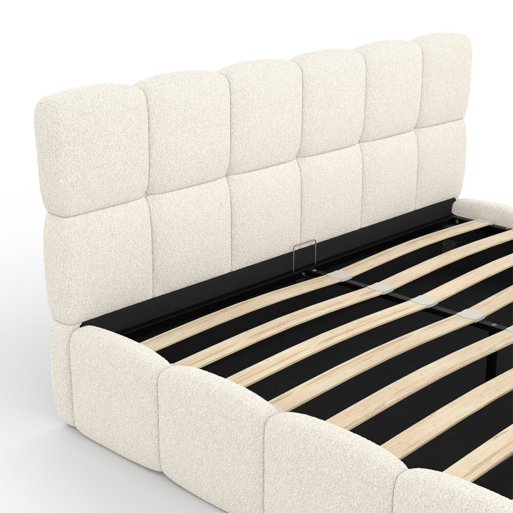Lit coffre double NUAGE avec tête de lit matelassée et sommier 160 x 190 cm tissu bouclette blanc