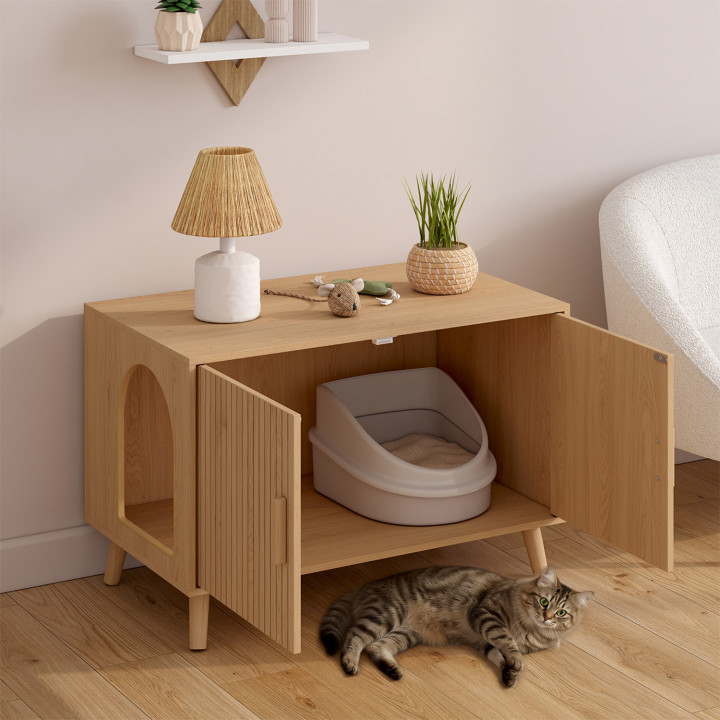 Maison de toilette chat cache-litière JULIETTE avec doubles portes lattes tasseau bois coloris chêne