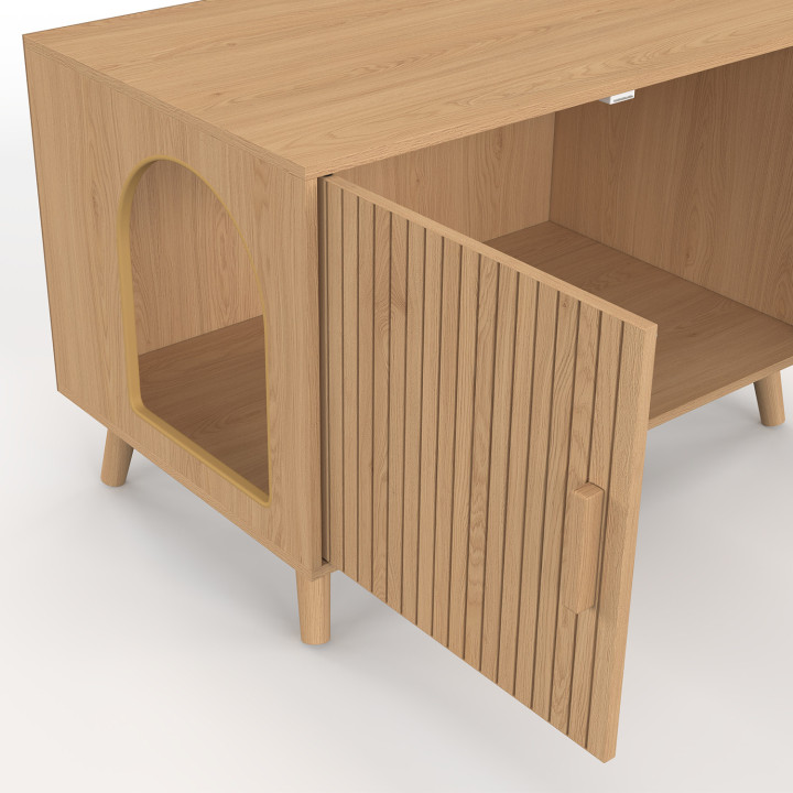 Inodoro para gatos JULIETTE con doble puerta y lamas de madera en color roble