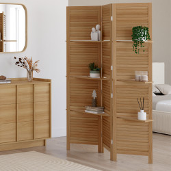 Paravent intérieur 4 panneaux 3 étagères bois