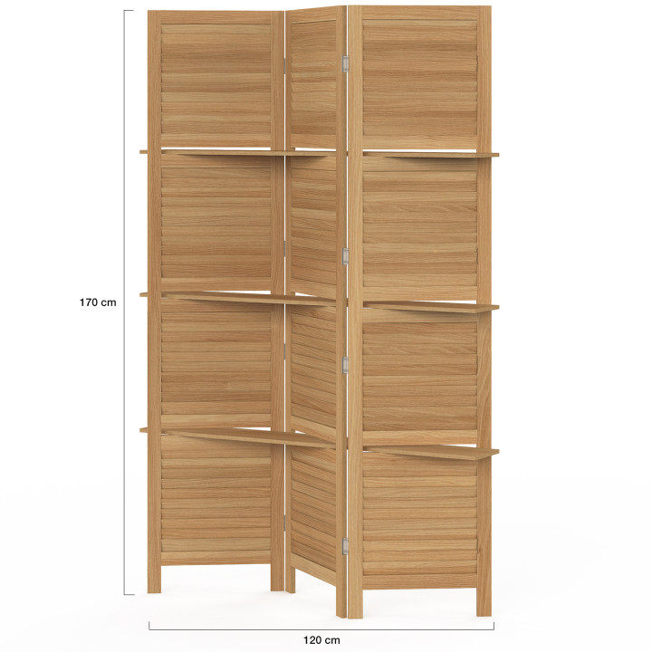 Paravent intérieur 4 panneaux 3 étagères bois