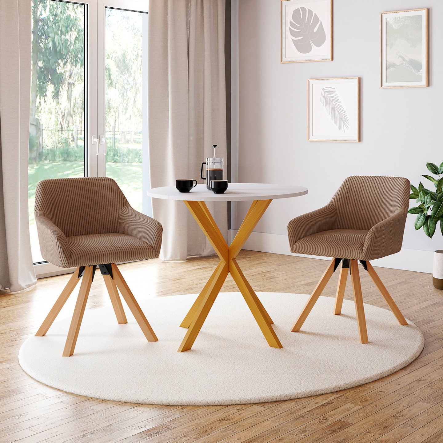 Idmarket - Set Di 2 Poltrone Girevoli Per Sala Da Pranzo E Tavolo Jany In Velluto A Coste Color Tortora