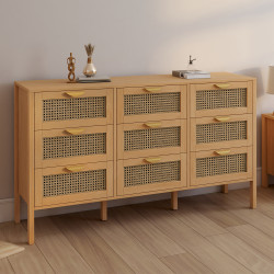Kommode mit 9 Schubladen EDHEN XXL 136 cm aus Holz und Rattan