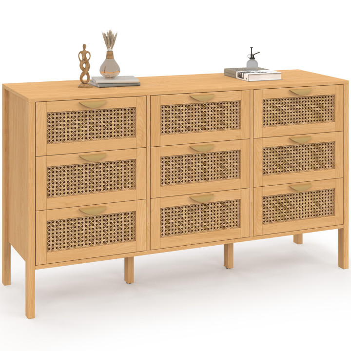 Commode 9 tiroirs EDHEN 136 cm bois et cannage