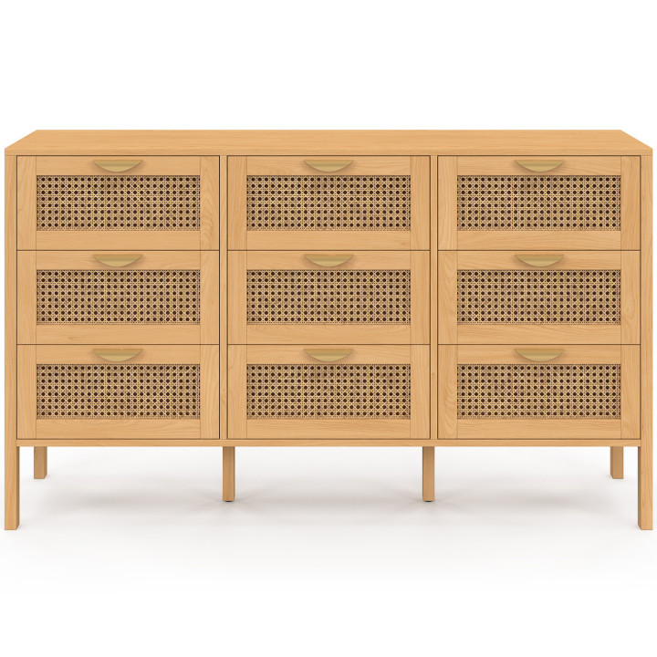 Cómoda de 9 cajones EDHEN XXL de 136 cm, de madera y mimbre