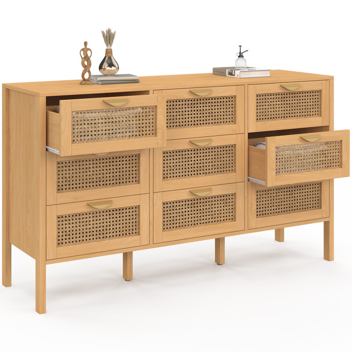 Commode 9 tiroirs EDHEN 136 cm bois et cannage