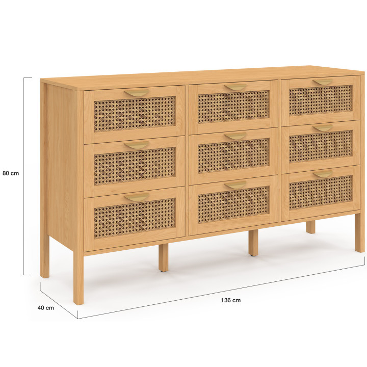 Cómoda de 9 cajones EDHEN XXL de 136 cm, de madera y mimbre
