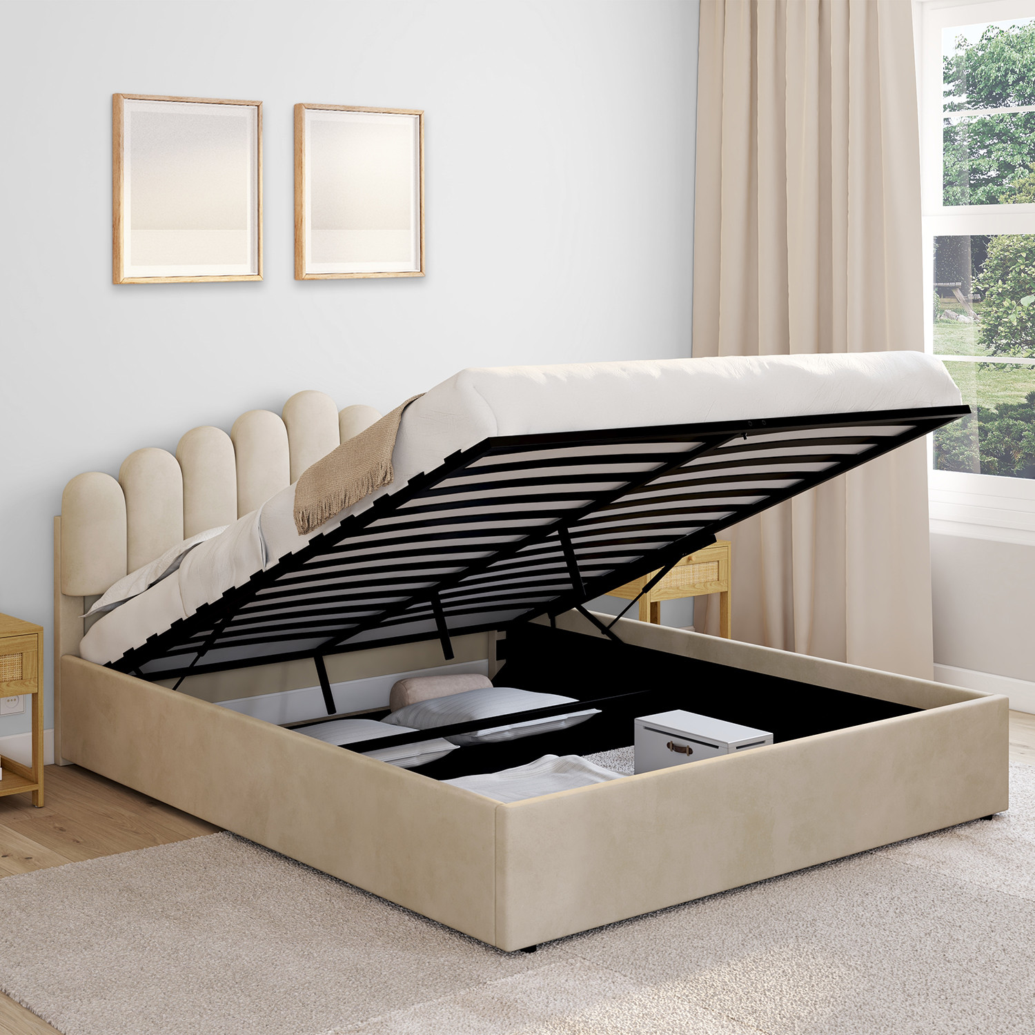 Lit coffre double avec tête de lit et sommier 160 x 200 cm velours beige