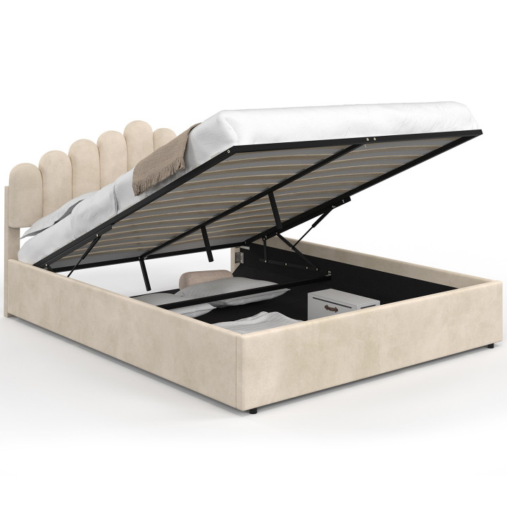 Lit coffre double NOELIE avec tête de lit et sommier 160 x 200 cm velours beige