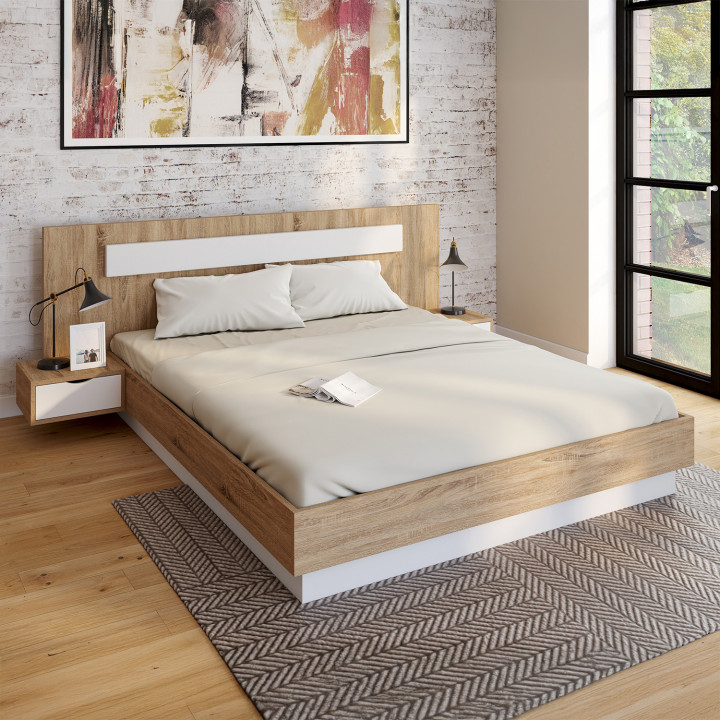 Cama de matrimonio con cabecero, somier y mesitas de noche de madera y blanco - SANTA | IDMarket