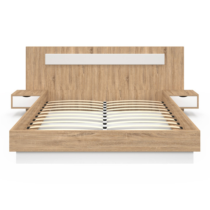 Cama de matrimonio con cabecero, somier y mesitas de noche de madera y blanco - SANTA | IDMarket