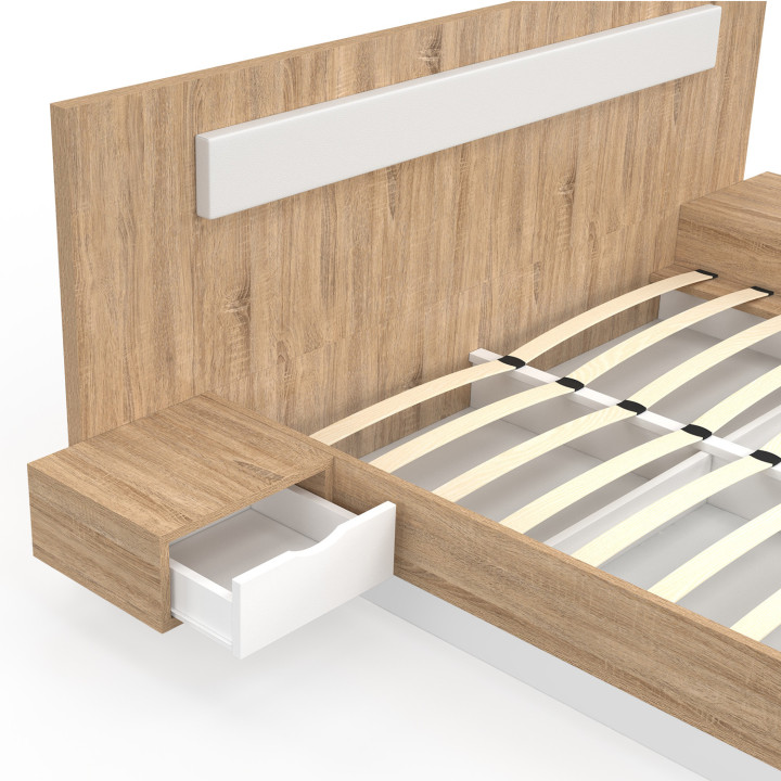 Lit double SANTA avec tête de lit + tables de chevet intégrées et sommier 160 x 200 cm bois et blanc
