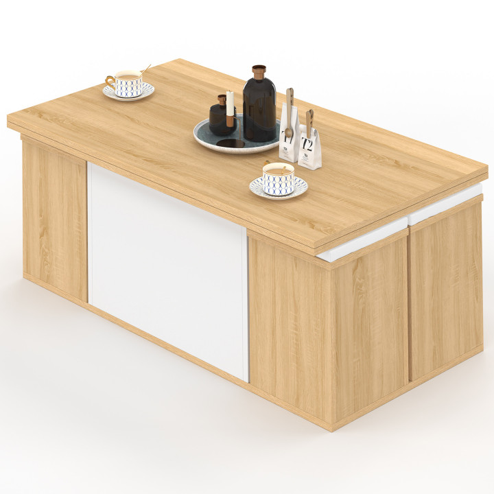 Table basse plateau relevable rectangulaire convertible en table à manger EDEN 100 cm bois et blanc avec poufs