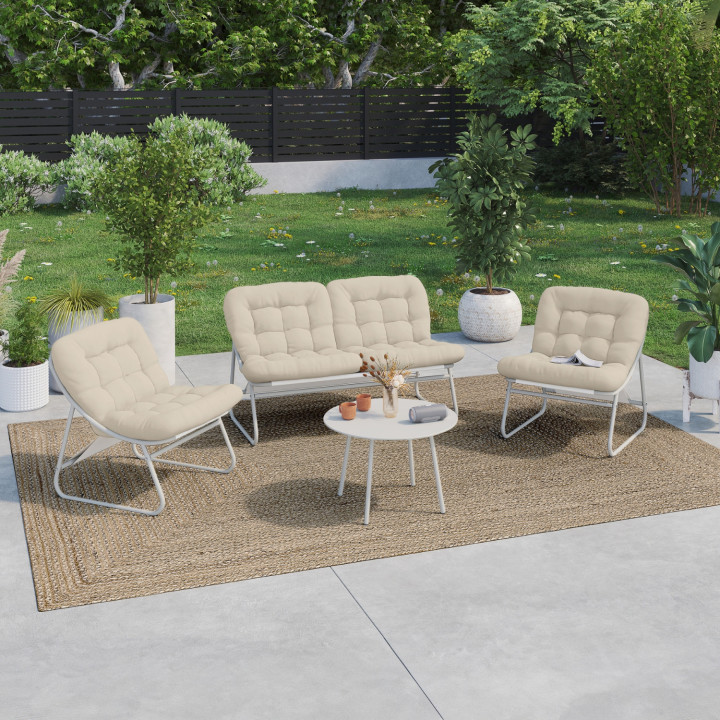 ARONA lage 4-zits tuinset van wit metaal en beige kussens met bank, fauteuils en tafel