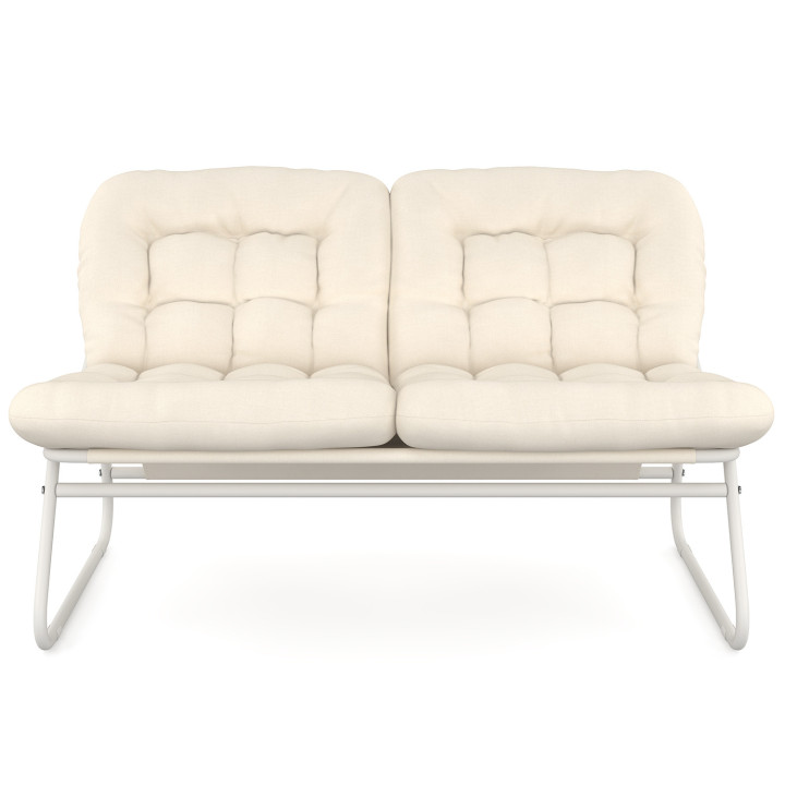 Set di mobili da giardino basso ARONA a 4 posti in metallo bianco e cuscini beige con divano, poltrone e tavolo