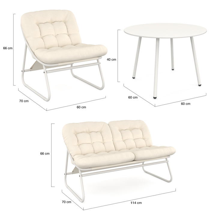 ARONA lage 4-zits tuinset van wit metaal en beige kussens met bank, fauteuils en tafel