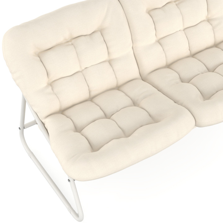 Gartenmöbel ARONA niedrig 4-Sitzer aus weißem Metall und beigefarbenen Kissen mit Sofa, Sessel und Tisch