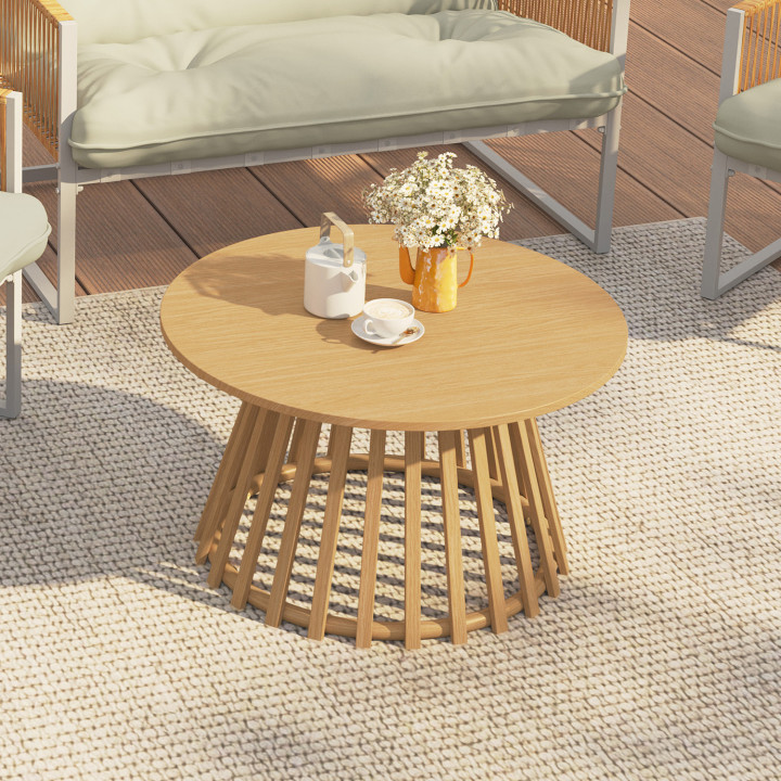 Tavolino da giardino rotondo SOLAL da 70 cm con base a doghe in metallo effetto legno