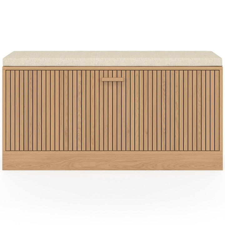 Banc d'entrée chaussures vintage JULIETTE lattes tasseau bois coloris chêne