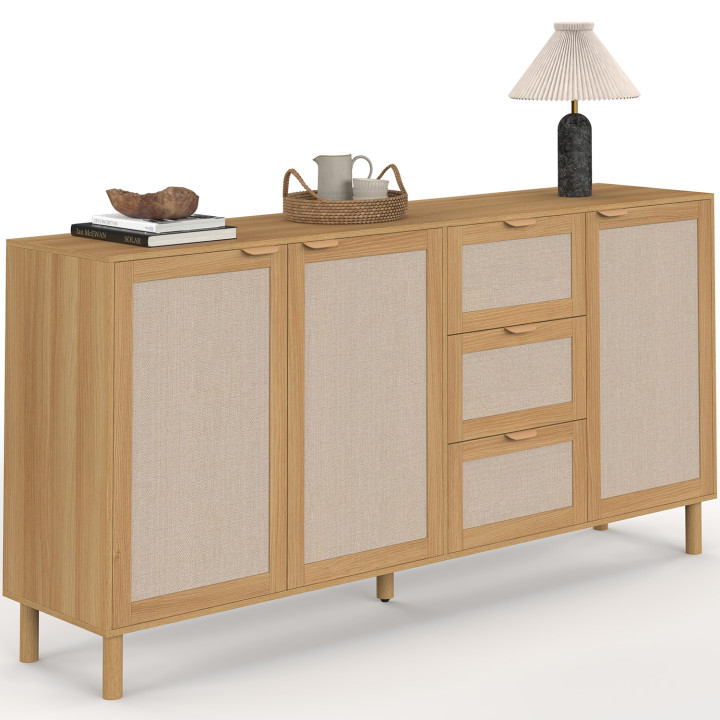 Buffet 160 cm ROBIN 4 portes bois et effet lin