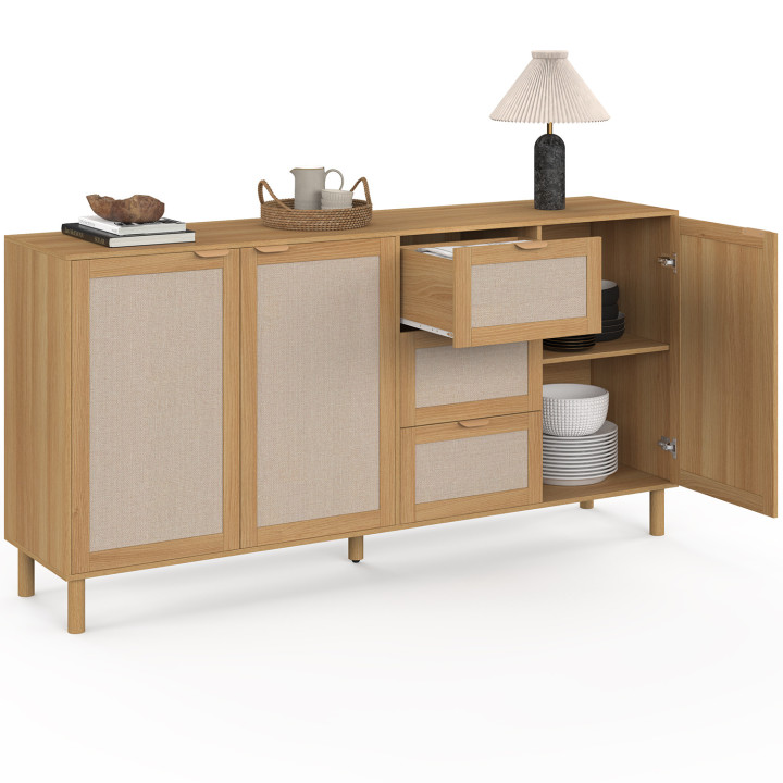 Buffet 160 cm ROBIN 4 portes bois et effet lin