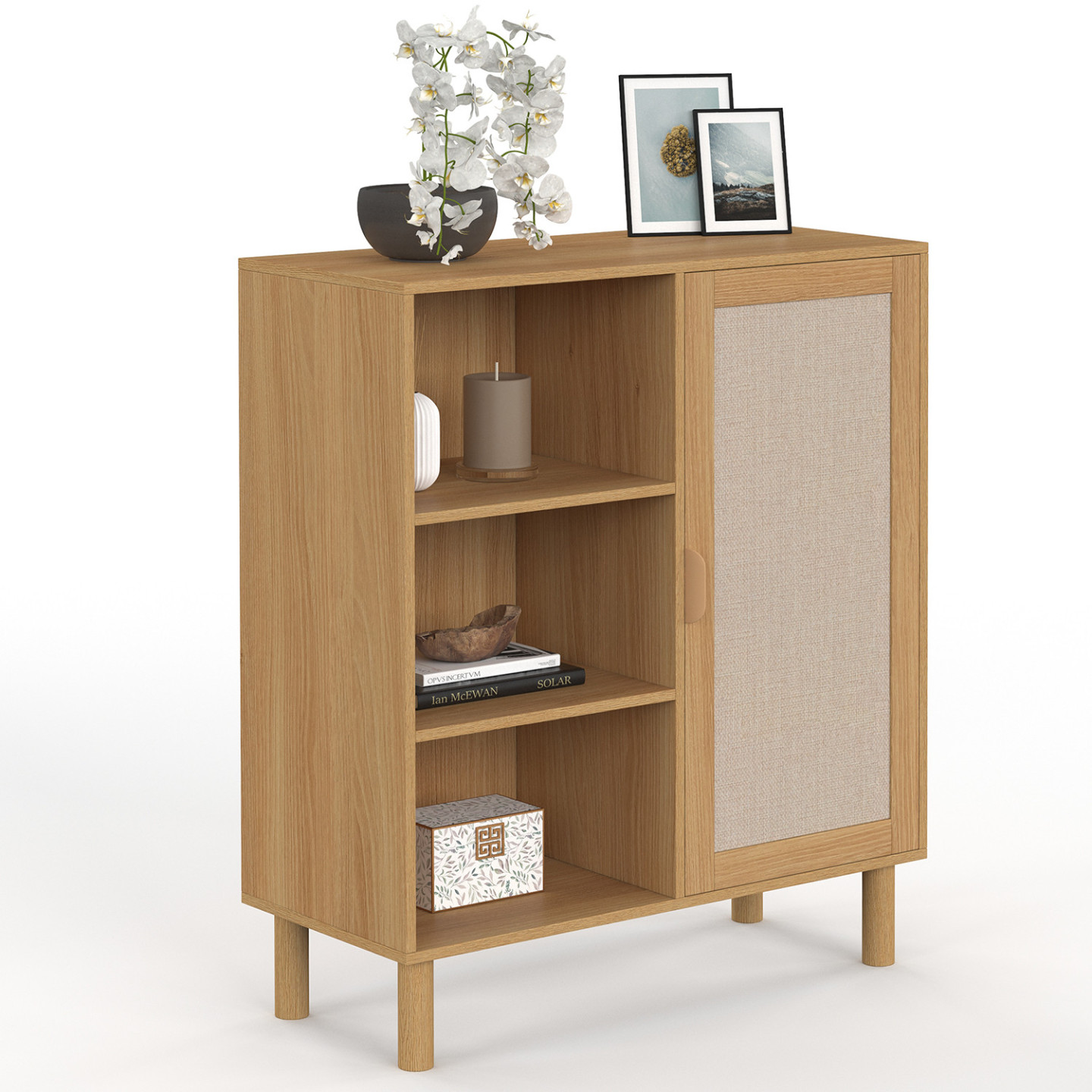 Beistellbuffet mit 3 Regalen und Schrank 70 cm Holz und Leineneffekt - ROBIN