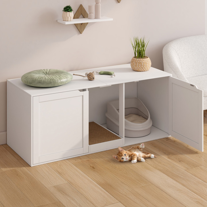 Maison de toilette chat XL cache-litière 2 portes et griffoir bois blanc